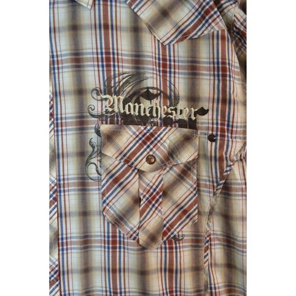 Manchester Men's Large Brown Plaid Embroidered Pearl Snap Western Shirt - Picture 4 of 16